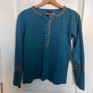 Ojai Long Sleeve Shirt Henley Teal with geometric trim size small